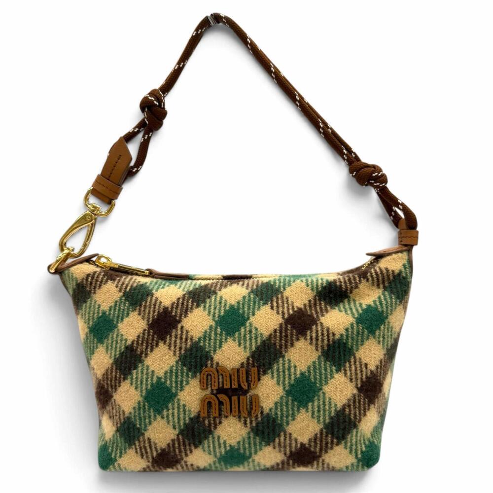 Miu Miu MIUMIU 5NE841 Spirit Gabardine Pouch, Wool Cotton Check Handbag, Gree...
